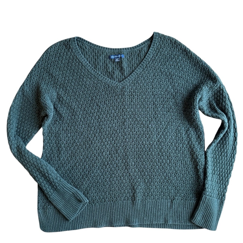 American Eagle V-Neck Sweater Green, Cable Knit Pullover Women’s XL